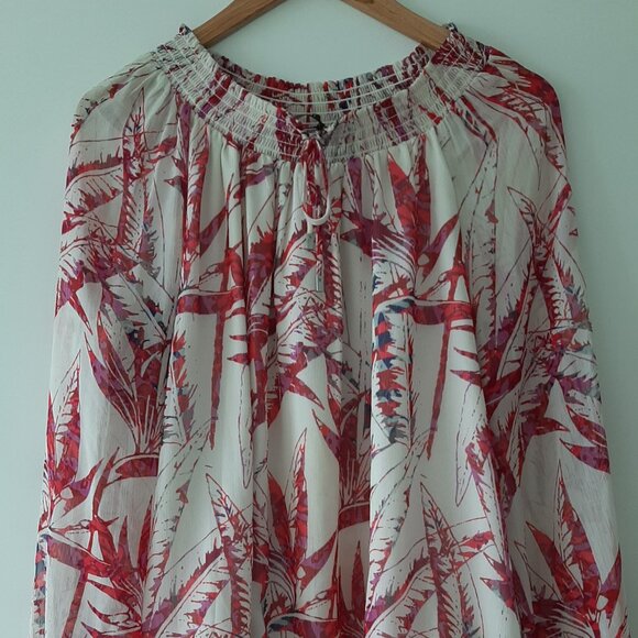 TAHARI - Foliage Print Long Sleeve Blouse - White/Pink - Size Medium - Picture 1 of 6